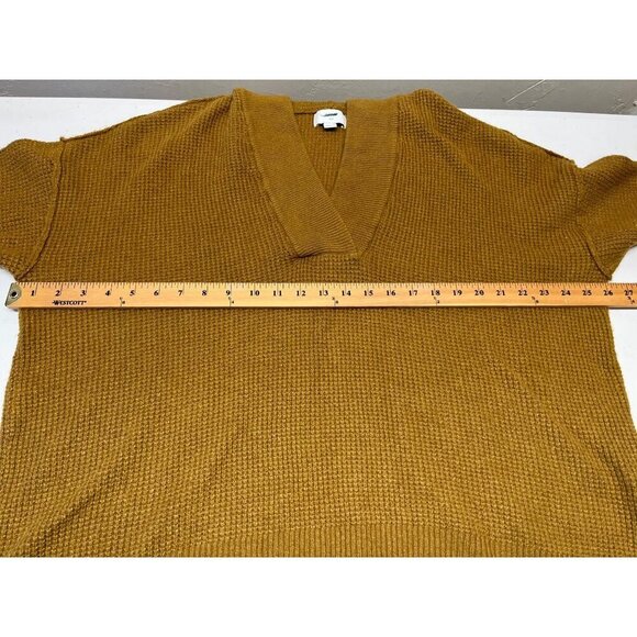 Aerie Oversized Waffle Knit Pullover Sweater V-Neck Hood Womens Small Gold Brown - Picture 3 of 7